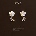 Gold White Enamel Camellia Crystal Leaf Drop Stud Earrings view 3