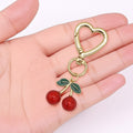 Red Cherry Enamel Heart Clasp Keychain Green Leaf Gold view 4
