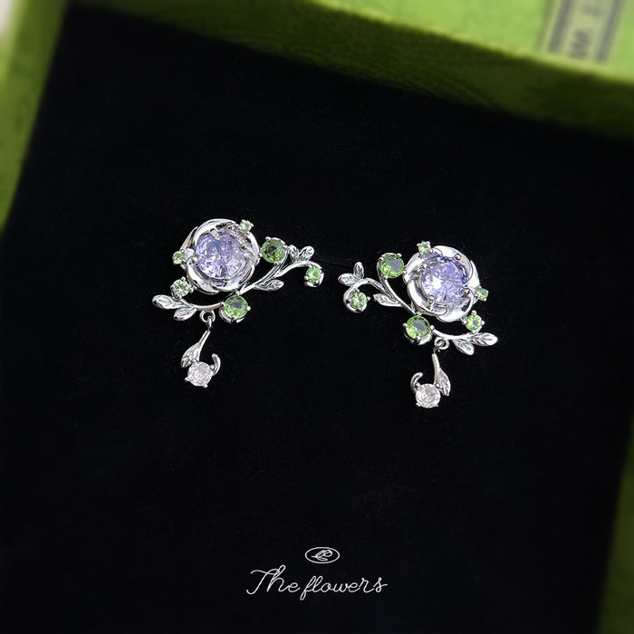 Silver Tone Purple Flower Green Leaf Earrings In Stud And Clip On Styles