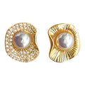 Gold Asymmetric Pearl Stud Earrings Crystal Pave Shell Pair view 5