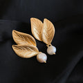 Textured Leaf Drop Earrings With White Faux Pearl Accents view 6