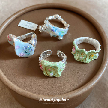 Enamel Floral Open Rings Mint White Green Branch Styles