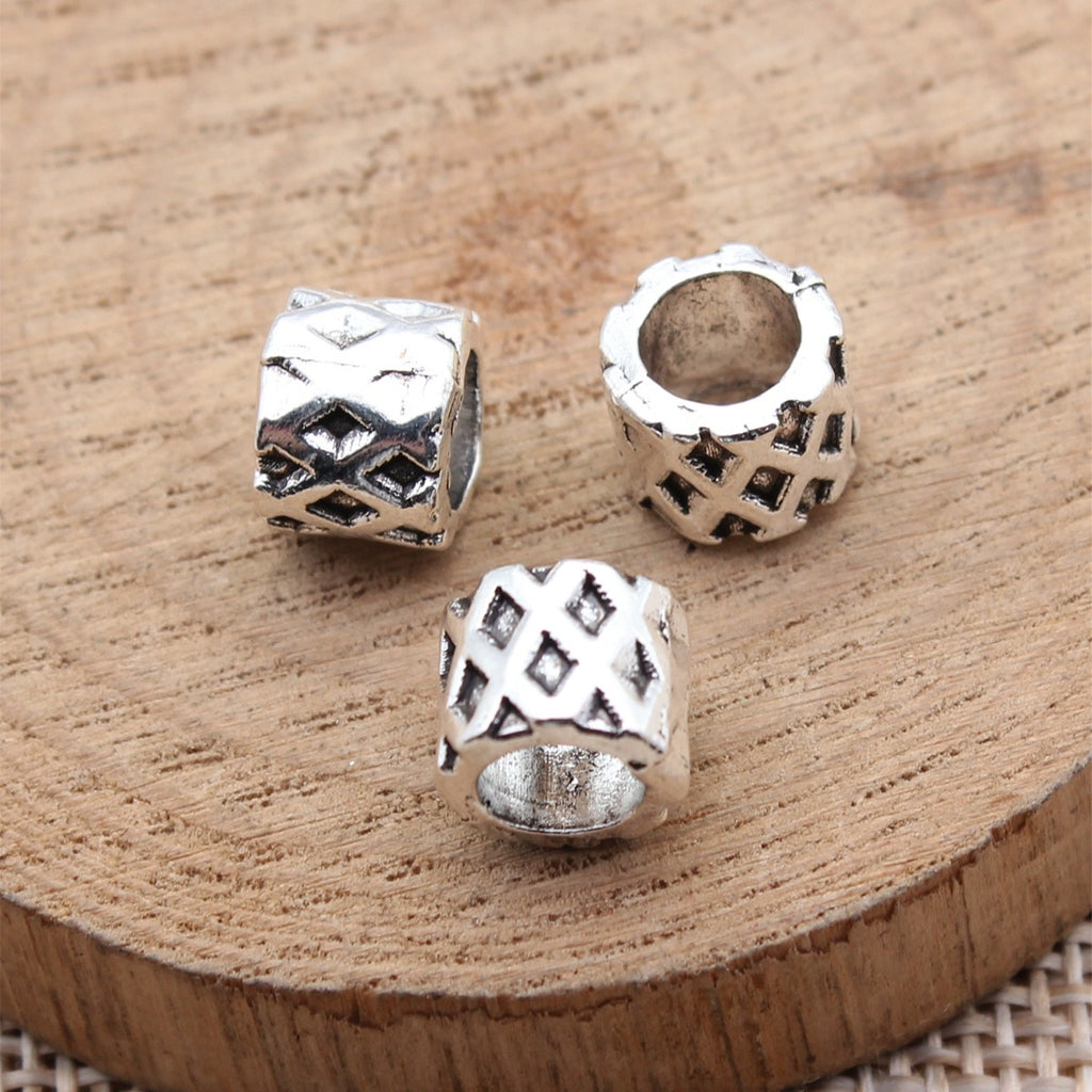 8.9x8.9x7.3mm 1.4g Antique Silver Zinc Alloy Checkered Round Large Hole Spacer Beads for Bracelet Making
