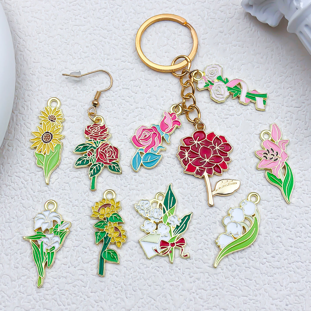 Zinc Alloy Sunflower Lily Rose Bouquet Enamel Charm Pendant for DIY Keychain Necklace