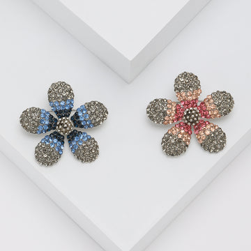 Five Petal Gray Crystal Flower Brooch in Blue or Pink