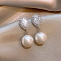 Silver Tone Teardrop Clear Stone Faux Pearl Drop Earrings view 1
