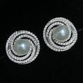 Silver Tone Pearl Stud Earrings with Double Clear Stone Halos view 2