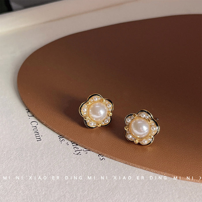 Gold Flower Pearl Stud Earrings Seed Pearl Halo Rim