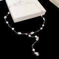 Silver Irregular Nugget Pearl Station Lariat Necklace view 1