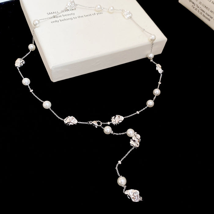 Silver Irregular Nugget Pearl Station Lariat Necklace