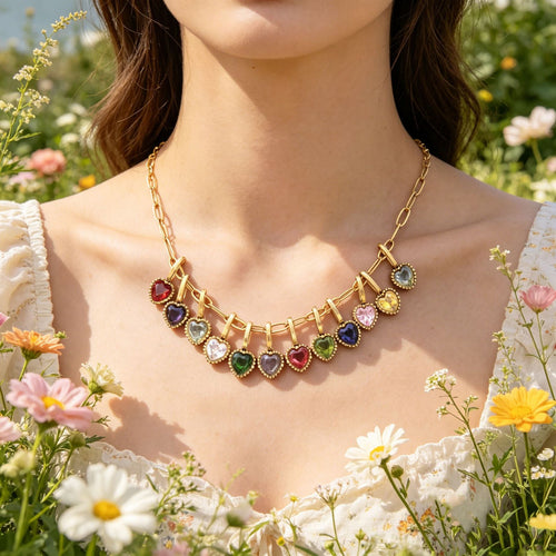 Alternate view showing the shape and hardware of the pictured small heart birthstone necklaces