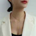 Gold Y Lariat Necklace Thin Vertical Bar Pendant Drop view 3