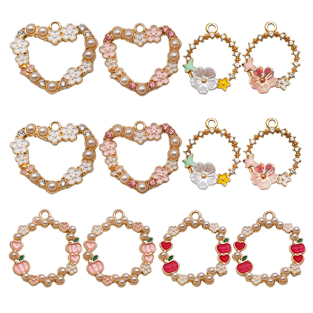 Zinc Alloy Pearl Wreath Heart Ring Flower Apple Charm Pendant for DIY Earring Keychain