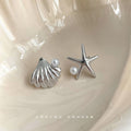 Silver Asymmetric Starfish Shell Pearl Stud Earrings Pair view 3