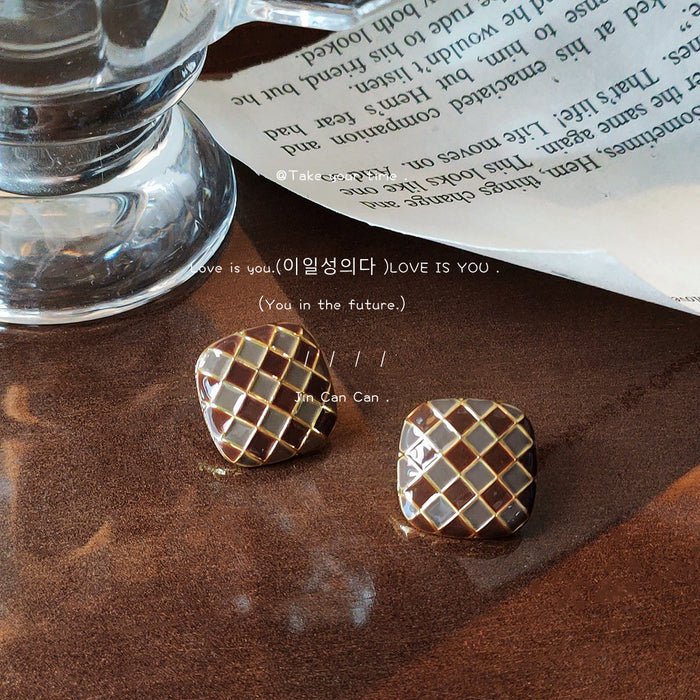 Brown Checkered Enamel Stud Earrings Gold Grid Square Shape