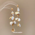 Gold Tone Long Drop Earrings With Irregular Shell Like Pieces view 2
