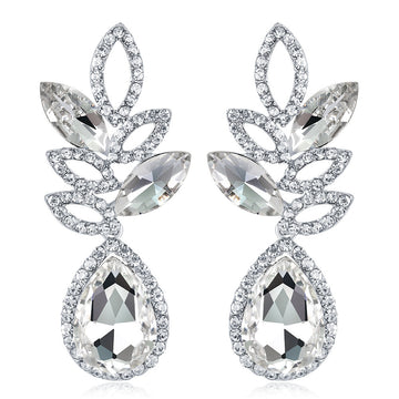 Silver Tone Crystal Leaf Teardrop Openwork Crystal Metal Dangle Earrings