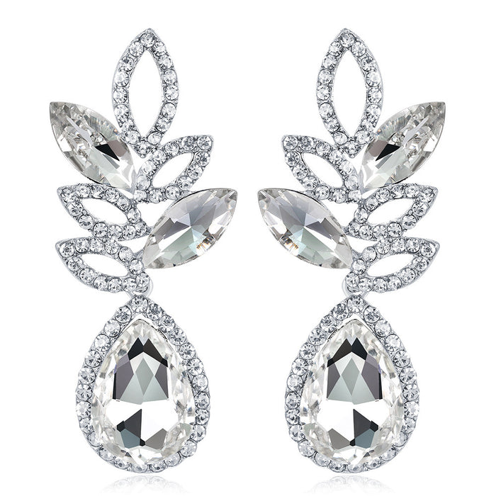 Silver Tone Crystal Leaf Teardrop Openwork Crystal Metal Dangle Earrings