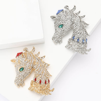 Front view of a detailed horse head covered in clear crystals with colored accents