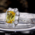 Yellow Emerald Cut Halo Crystal Ring Silver Tone Sizes 6-10 view 4