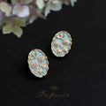 Gold Tone Pale Blue Enamel Flower And Leaf Oval Stud Earrings view 1