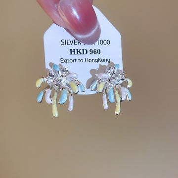 Silver Iridescent Floral Stud Earrings With Layered Petals