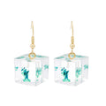 Clear Resin Cube Drop Earrings Green Dried Flower Gold view 5