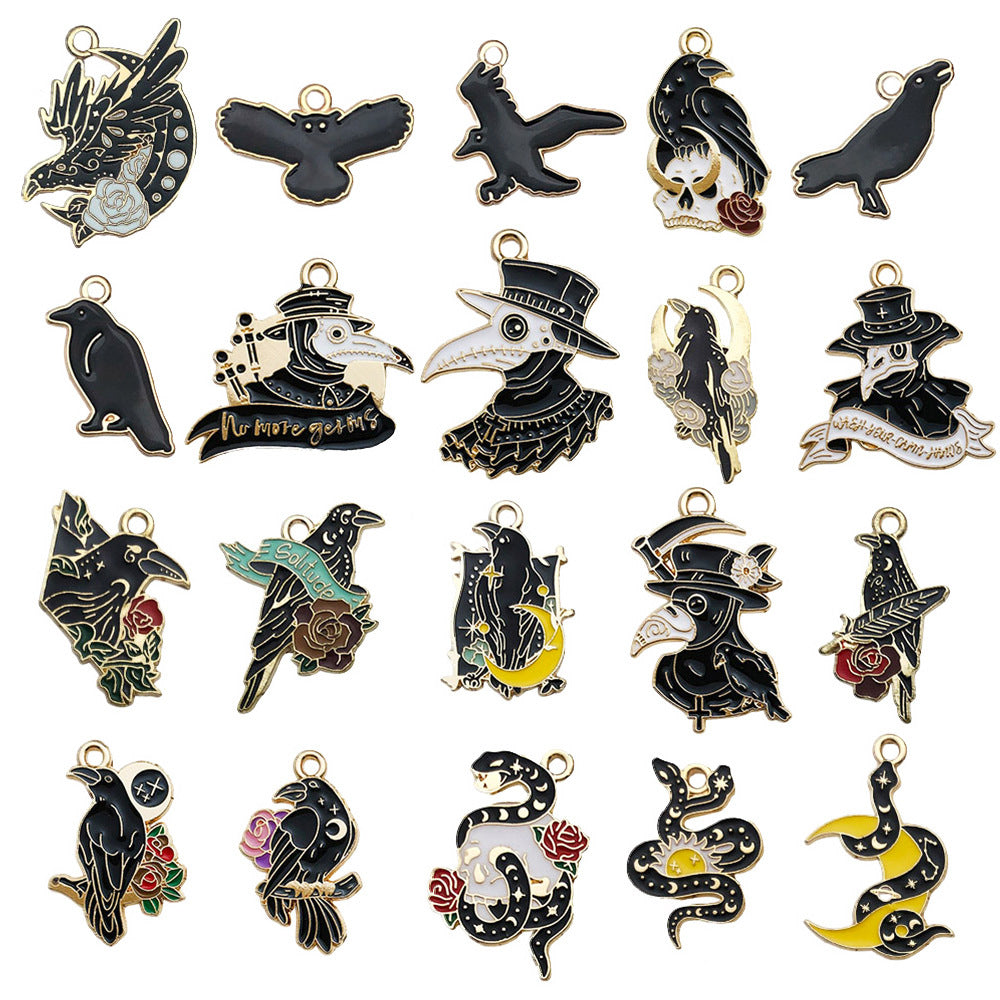 Enamel Zinc Alloy Skull Crow Bird Charm Pendants for Dark Style DIY Bracelet Keychain Jewelry