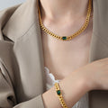 Gold Cuban Link Green Stone Chain Necklace Bracelet view 1