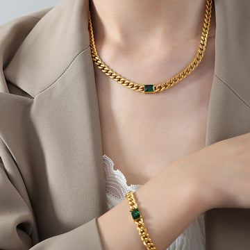 Gold Cuban Link Green Stone Chain Necklace Bracelet