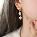 Gold Dome Ball Stud Earrings Dual White Pearl Drop Dangles view 1