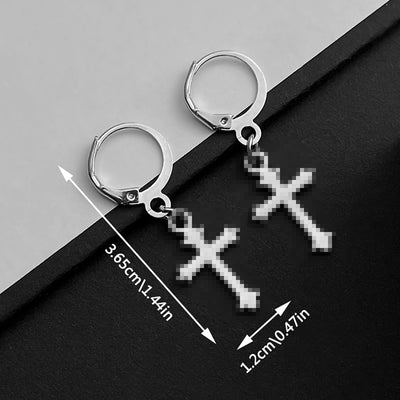 Front product photo of antique silver cross hoop dangle earring pair with round hooks showing the pictured design arrang