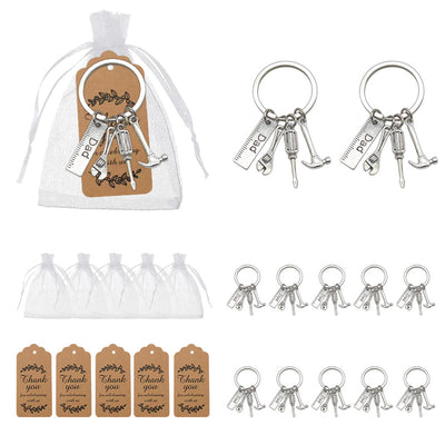 Collage showing tool charm keychains, white drawstring bags and printed tags.