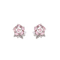 Pink Crystal Rose Flower Stud Earrings with Pearl Accents view 5