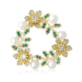 Floral Wreath Brooch with Pearls Green Crystals and Gold Tone Frame view 1