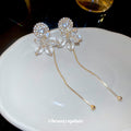 Silver Crystal Bow Long Tassel Stud Earrings Statement Pair view 3
