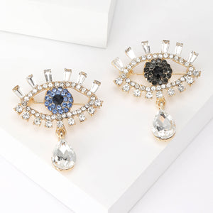 Gold Evil Eye Brooch Rhinestone Lashes Teardrop Drop Pin