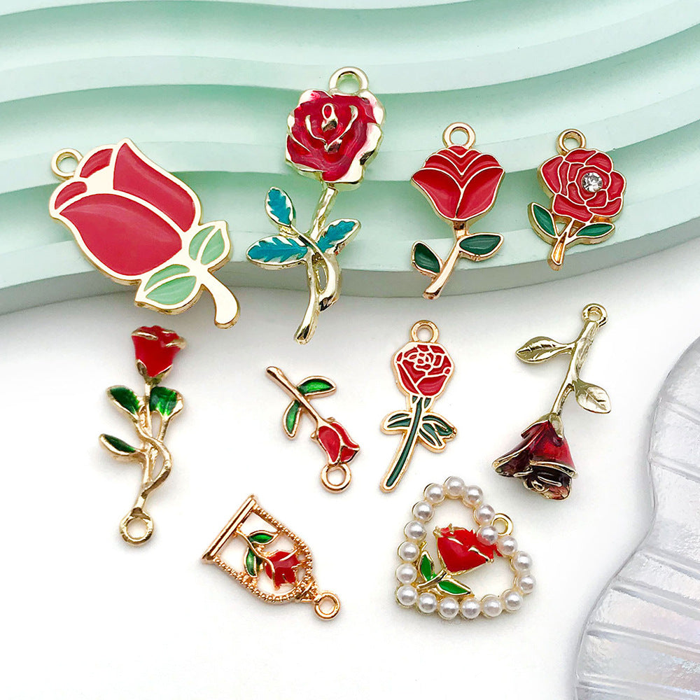 K Gold Tone Enamel Zinc Alloy Rose Flower Charm Pendant for DIY Bracelet Keychain