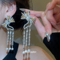 Crystal Bow Pearl Tassel Statement Drop Earrings Fashion Jewelry view 3
