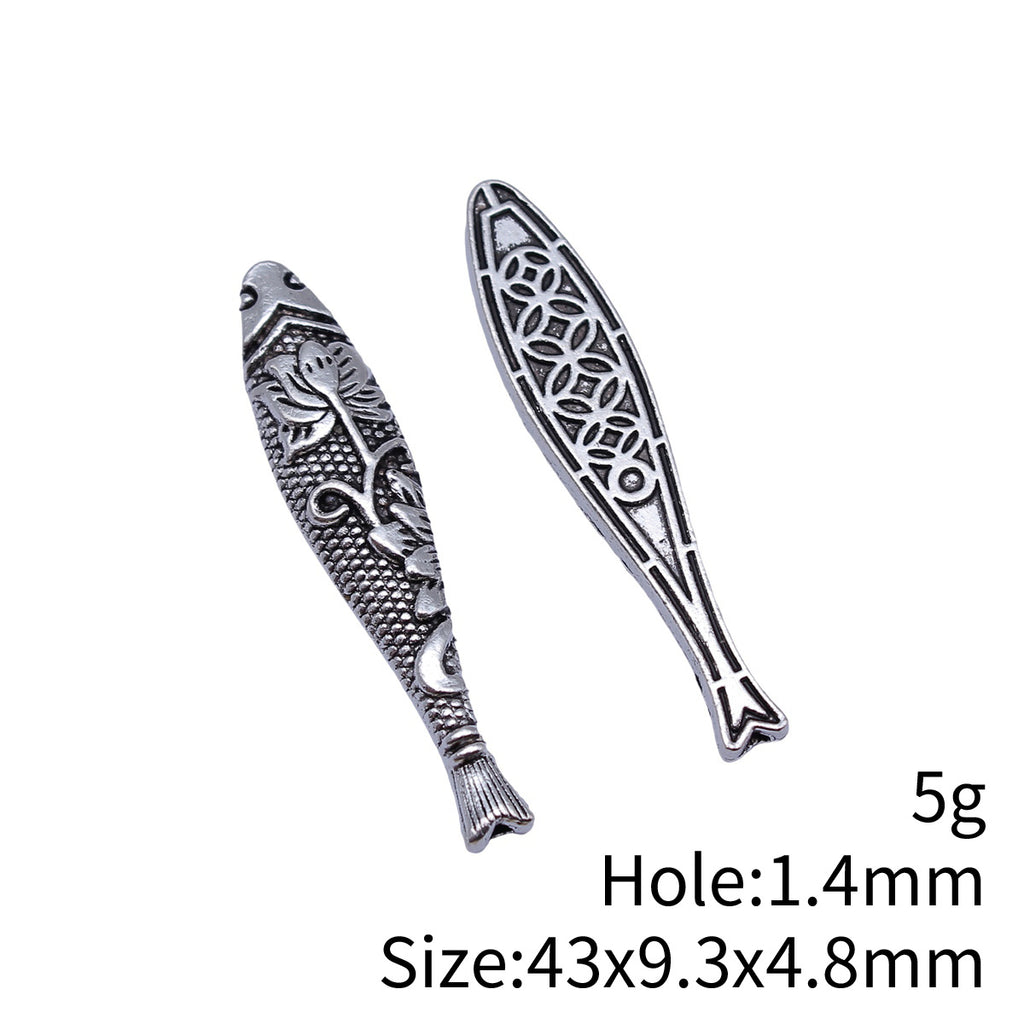 43x9.3x4.8mm 5g Antique Silver Zinc Alloy Patterned Fish Small Hole Spacer Beads for Necklace Making