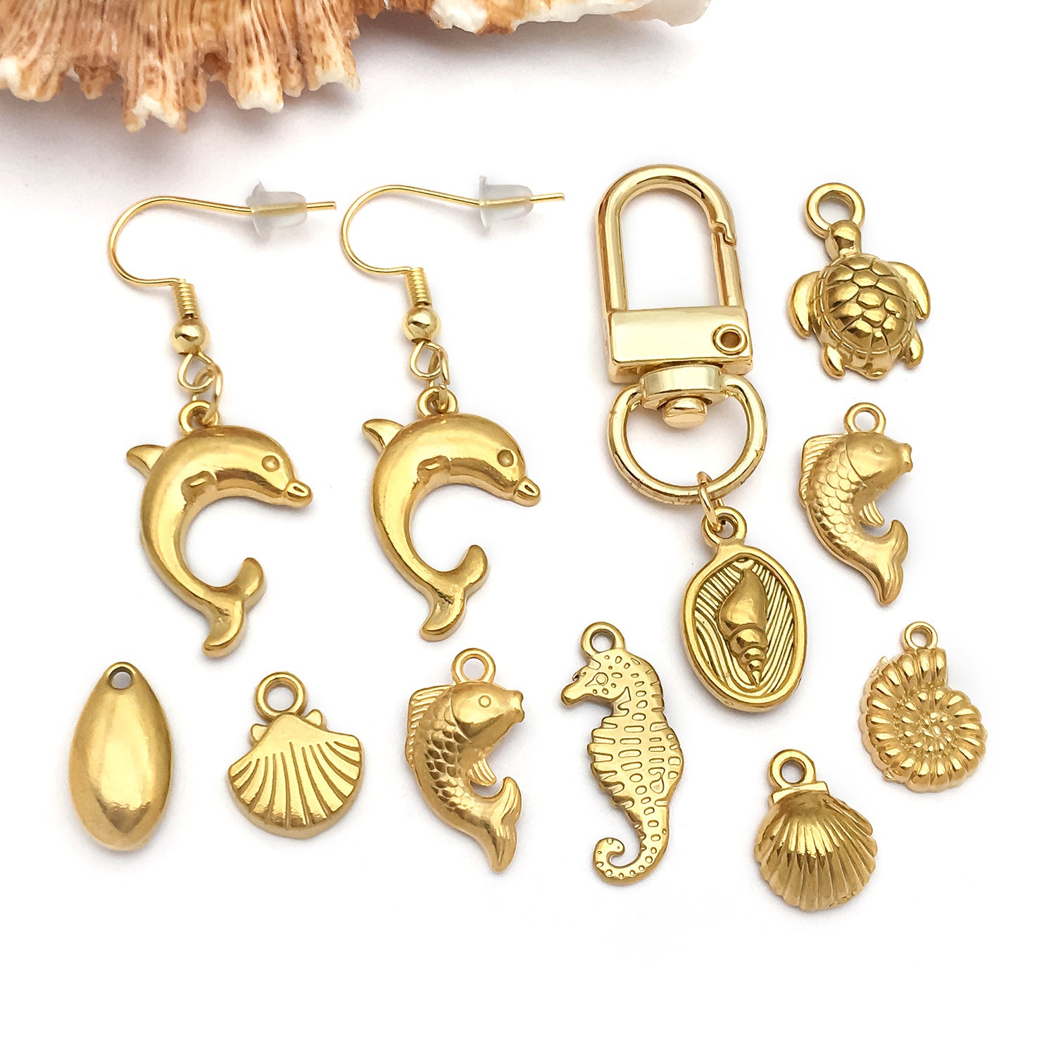 Gold Stainless Steel Mermaid Turtle Conch Dolphin Charm Pendant for DIY Ocean Jewelry