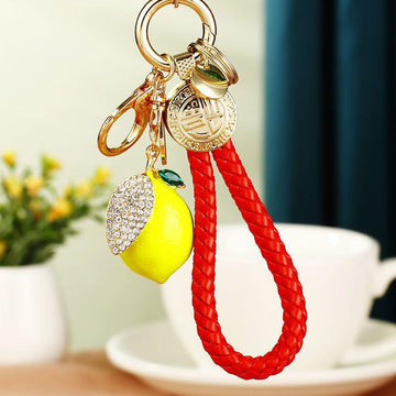 Jeweled Lemon Charm Keychain with a Red Fortune Strap
