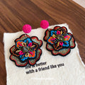 Colorful Embroidered Floral Statement Drop Earrings view 4