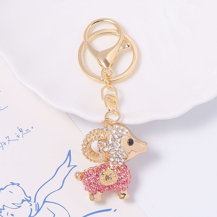 Rhinestone Goat Keychain Gold Tone Zodiac Animal Bag Charm