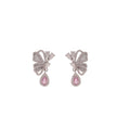 Silver Butterfly Pink Teardrop Stud Earrings with Polished Metal Details view 5