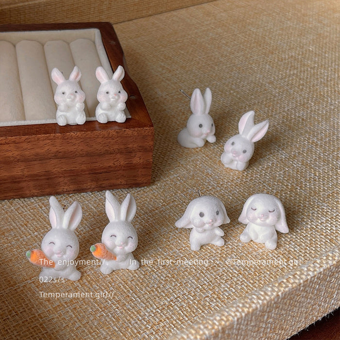 White Flocked Bunny Rabbit Stud Earrings Three Styles