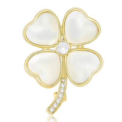 Gold four-leaf clover brooch white pearl leaves front view