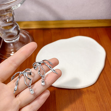 Silver Liquid Metal Bow Stud Earrings Clear Drop Charm