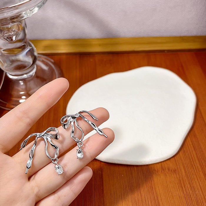Silver Liquid Metal Bow Stud Earrings Clear Drop Charm