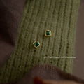 Green Square Stone Mini Stud Earrings In Silver And Gold Tone view 4